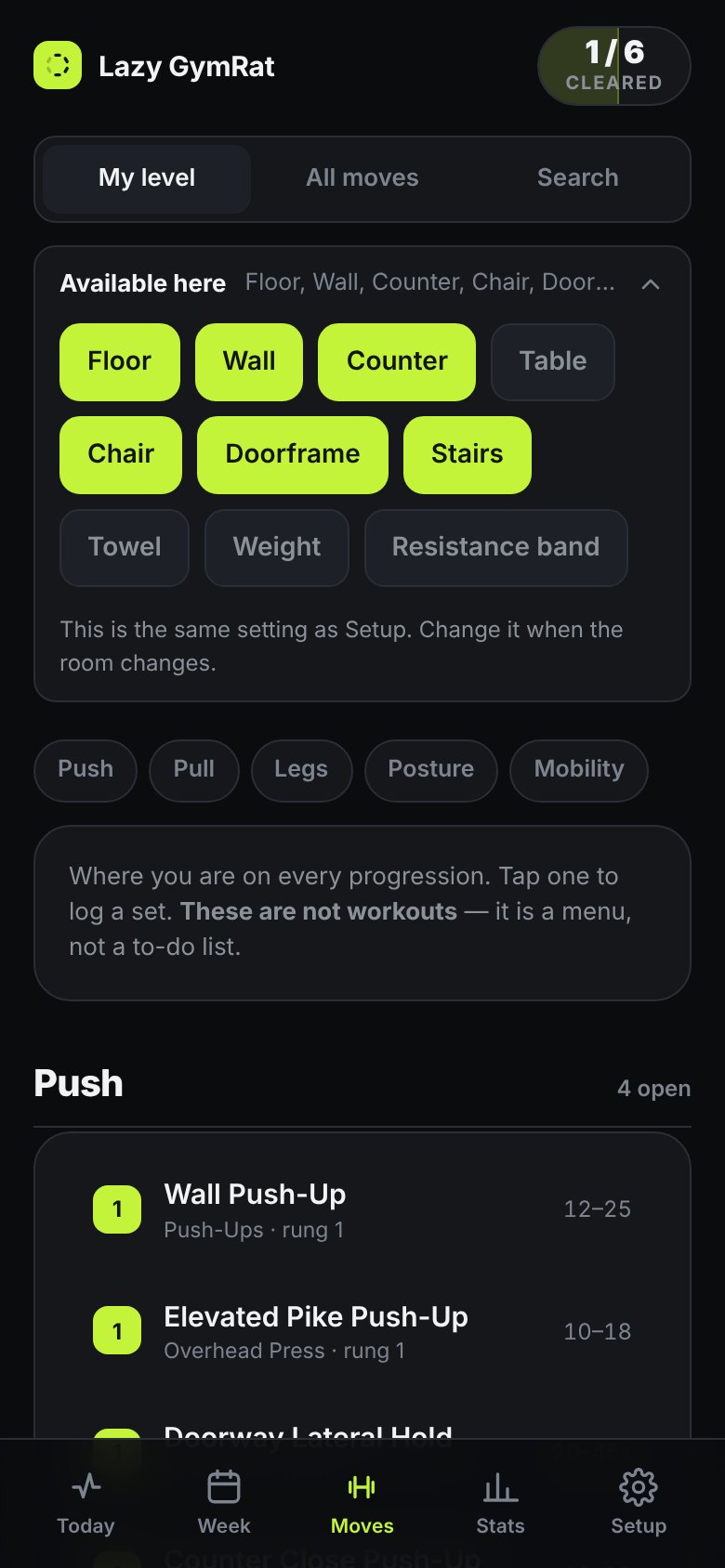 The Moves screen with the Available here control open: chips for Floor, Wall, Counter, Table, Chair, Doorframe, Stairs, Towel, Weight and Resistance band, the ones switched on highlighted, and the Push shelf below reading 4 open.
