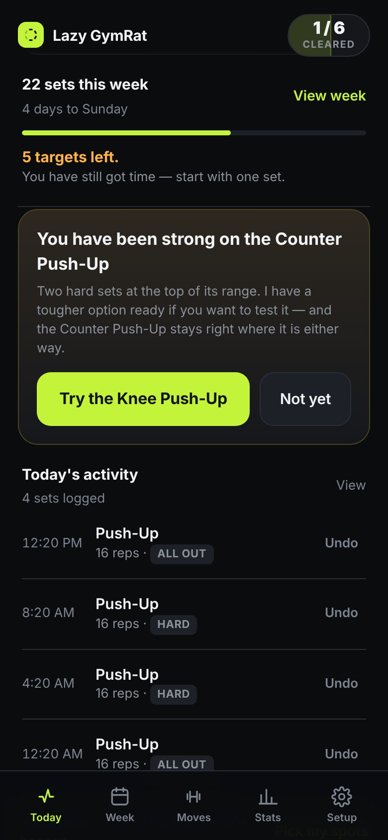 The app saying: You have been strong on the Counter Push-Up, after two hard sets at the top of its rep range, with a button offering the next move up.